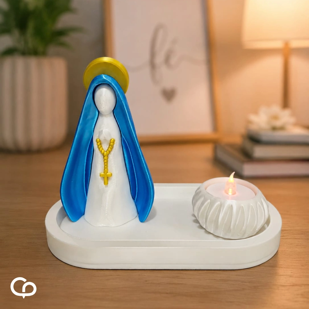 Kit Decorativo Nossa Senhora com Bandeja Porta Vela e Vela LED
